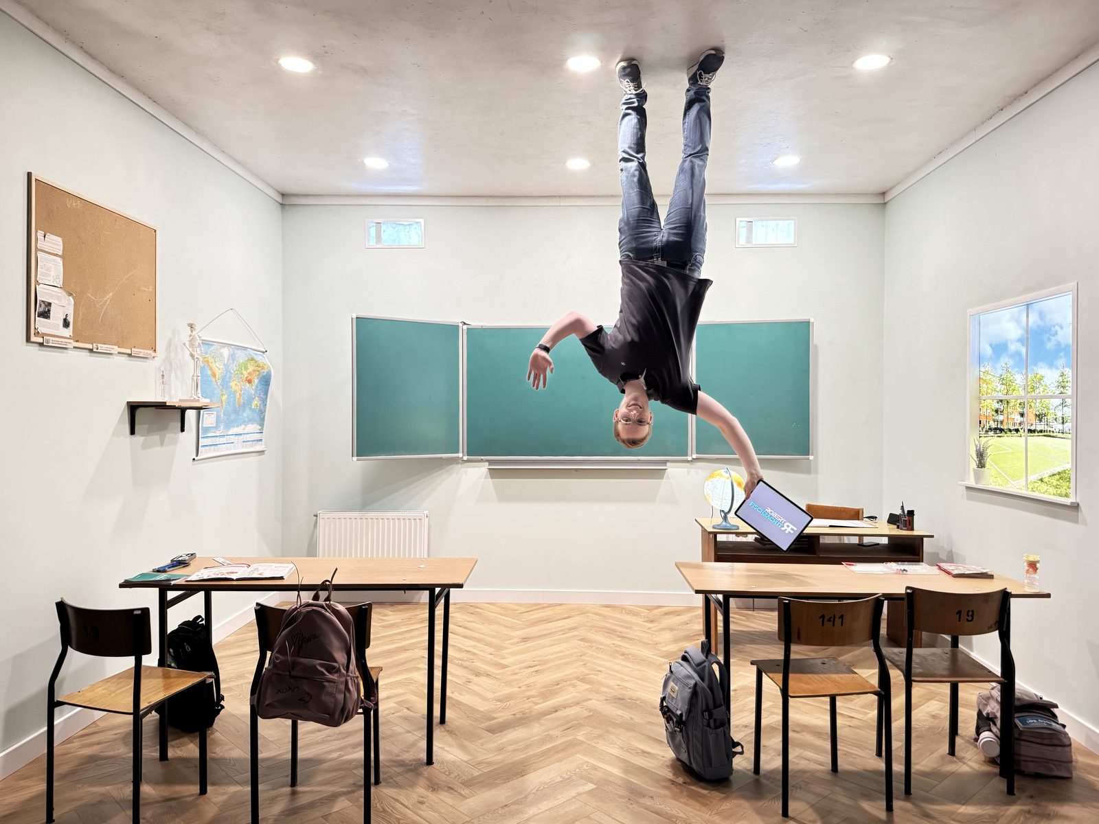 Robert Fischbach hanging upside down from the ceiling for fun, holding an iPad showing his company logo on screen